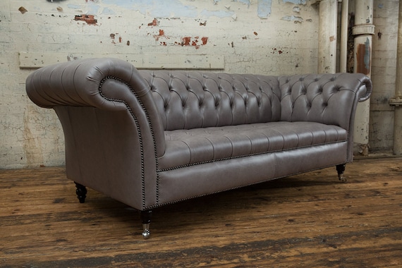 Grey leather sale chesterfield sofa set