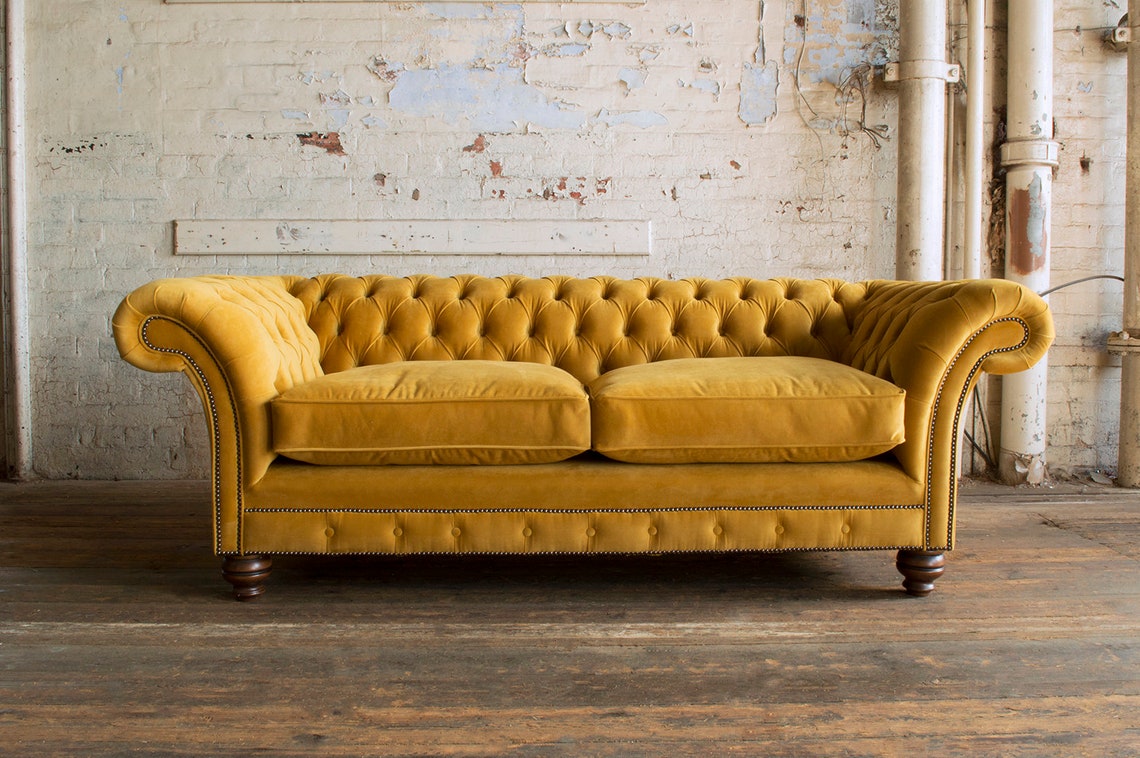 British Handmade 3 Seater Mustard Velvet Chesterfield Sofa Etsy