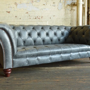 British Handmade 3 Seater Grey Leather Chesterfield Sofa image 5