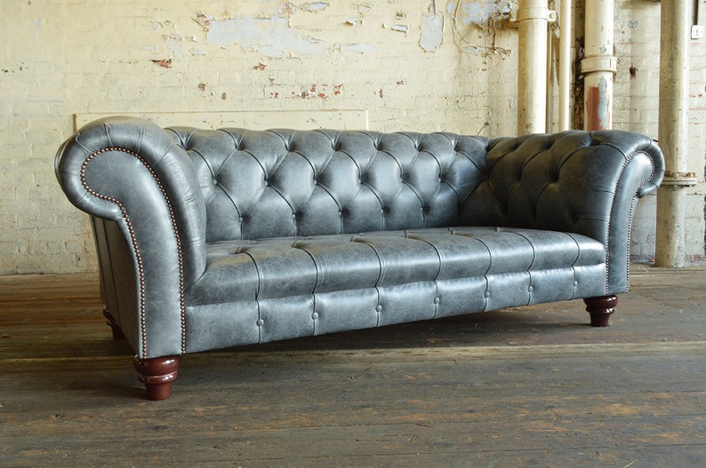 British Handmade 3 Seater Grey Leather Chesterfield Sofa image 5