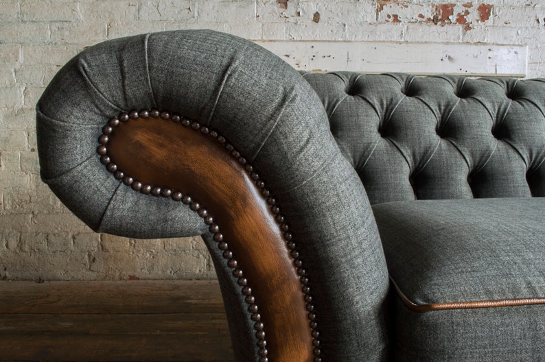 British Handmade 3 Seater Grey Wool & Antique Tan Leather 3 Seater ...