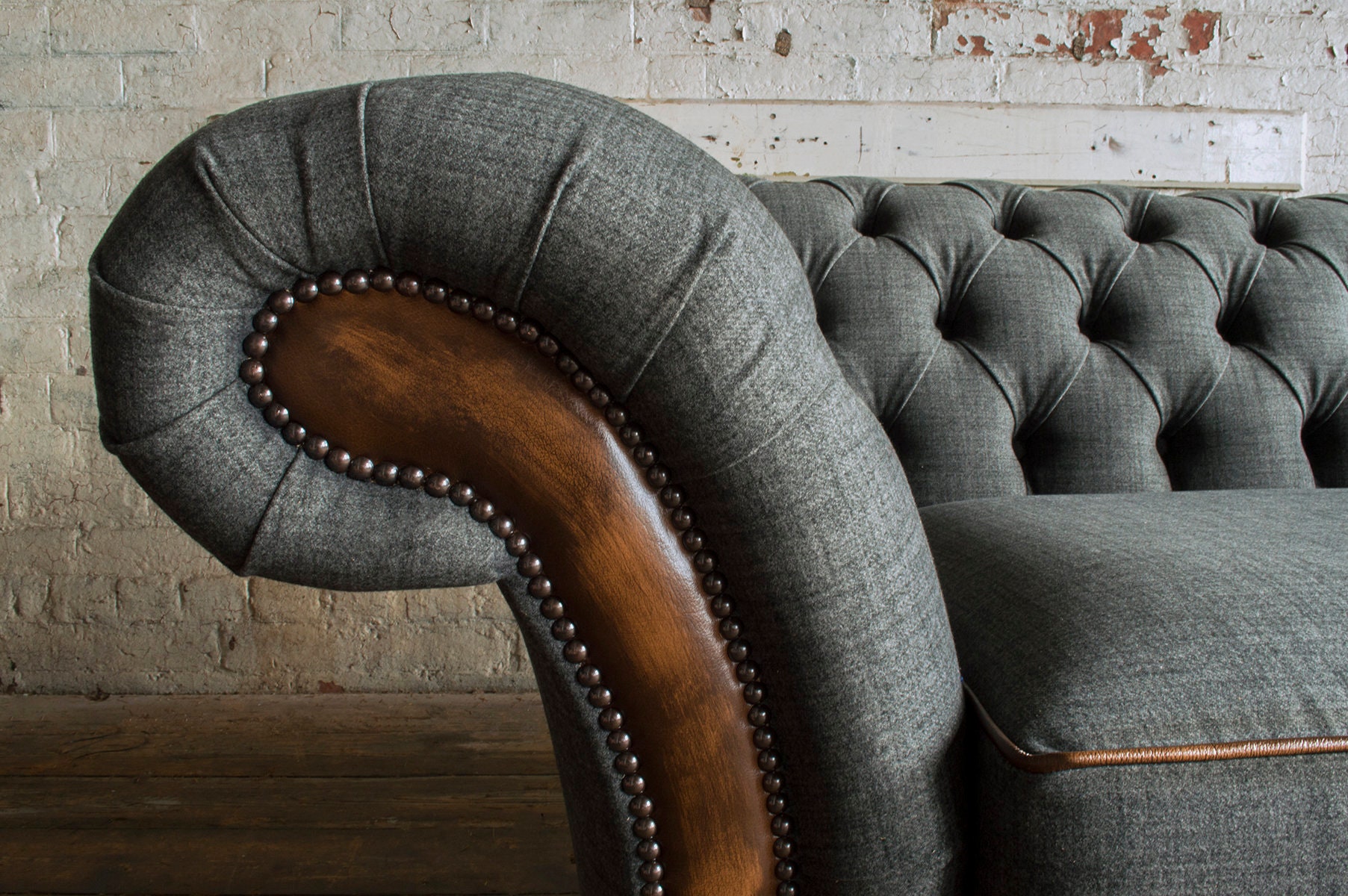 British Handmade 3 Seater Grey Wool & Antique Tan Leather 3 Seater ...