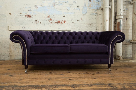 3 Seater Dark Purple Velvet Fabric Chesterfield Sofa British