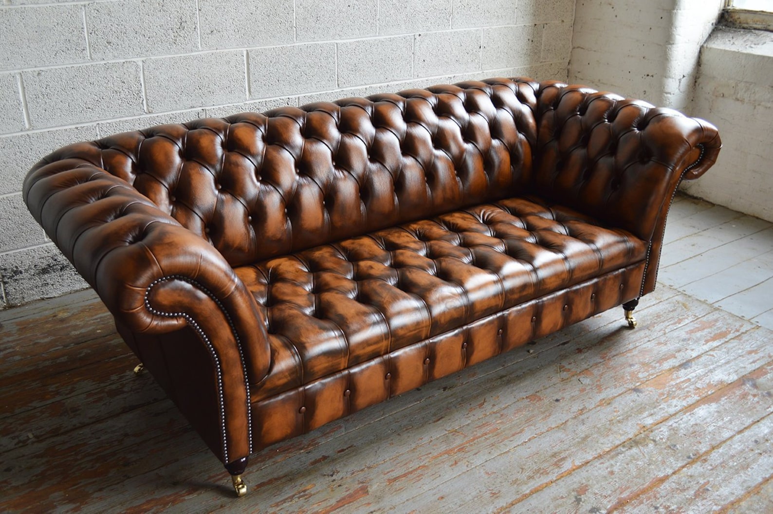 Handmade 3 Seater Antique Tan Leather Chesterfield Sofa, Couch, Settee ...