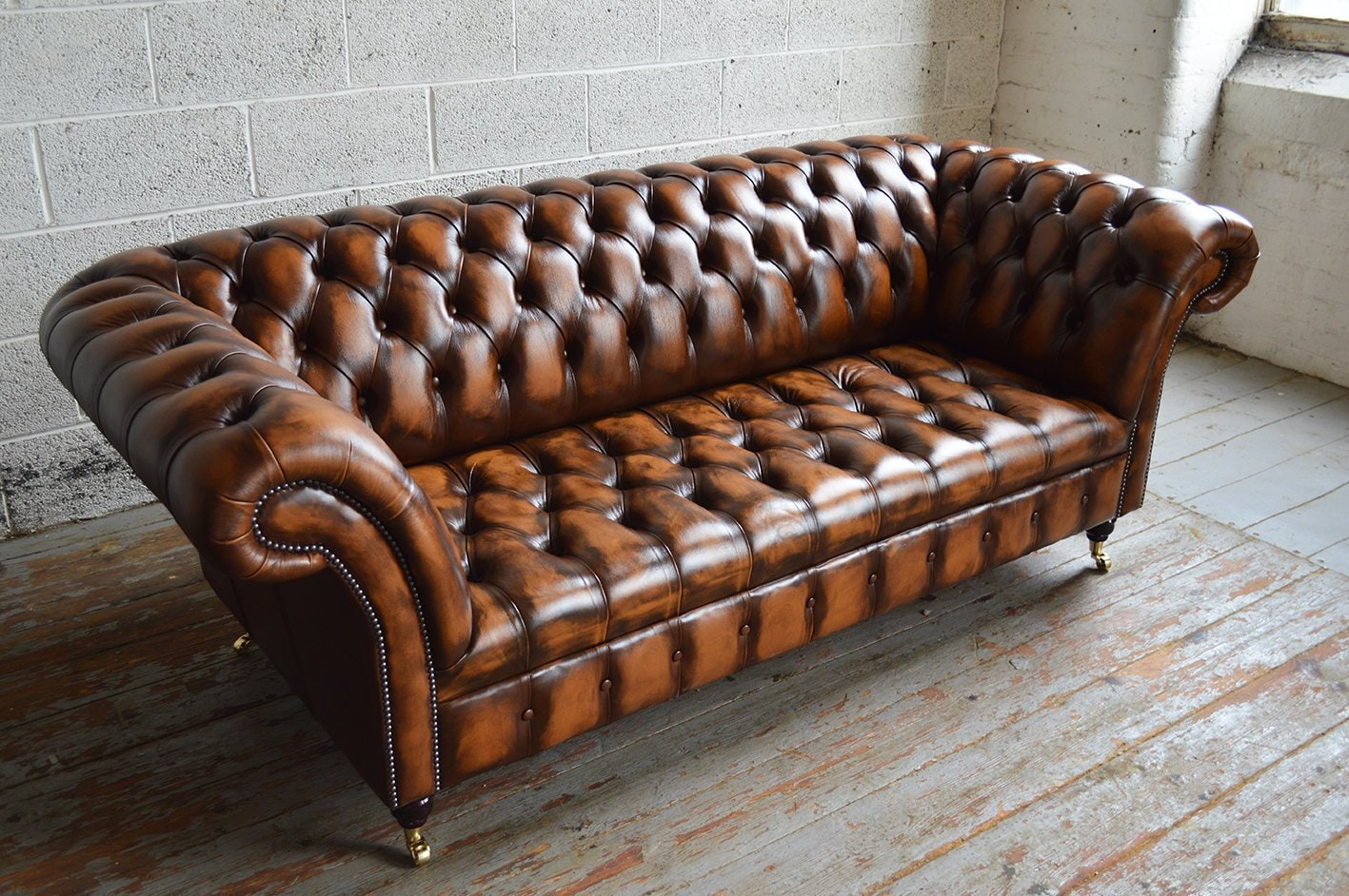 Handmade 3 Seater Antique Tan Leather Chesterfield Sofa, Couch, Settee ...