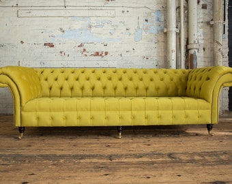 British Handmade 4 Places Tissu velours jaune vif Chesterfield Canapé