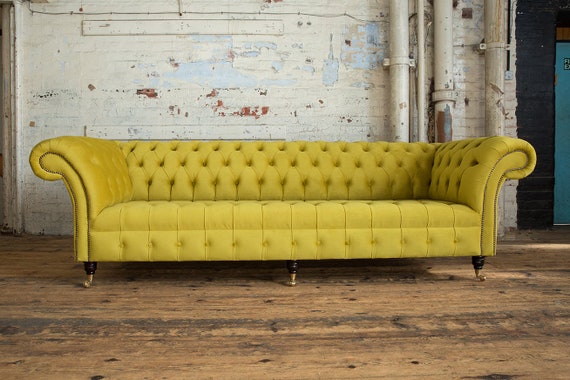 British Handmade 4 Seater Bright Yellow Velvet Fabric Chesterfield Sofa Etsy UK