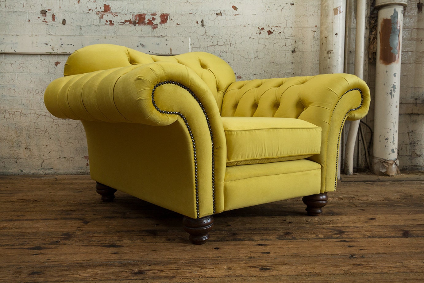 Unique British Handmade Yellow Velvet 1 Seater Chesterfield Sofa