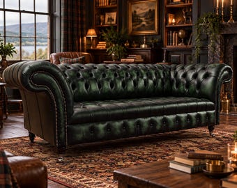 May include: A deep green leather Chesterfield sofa featuring a classic tufted back and seat, rolled arms, and decorative nailhead trim along the front panels. The sofa is supported by short, dark wooden legs with small casters.