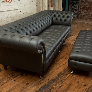 British Handmade 4 Seater Grey Steel Leather Chesterfield Sofa & Large ...