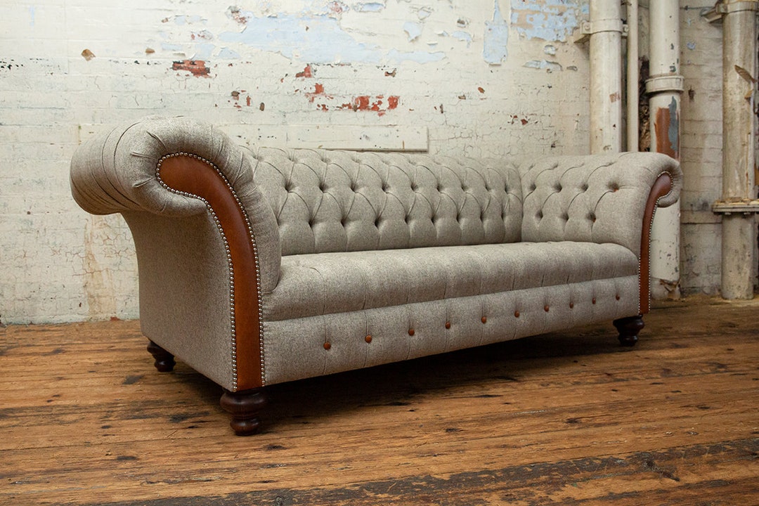 Handmade Large 3 Seater Wheat Herringbone Wool Vintage Tan Leather Chesterfield Sofa Etsy UK