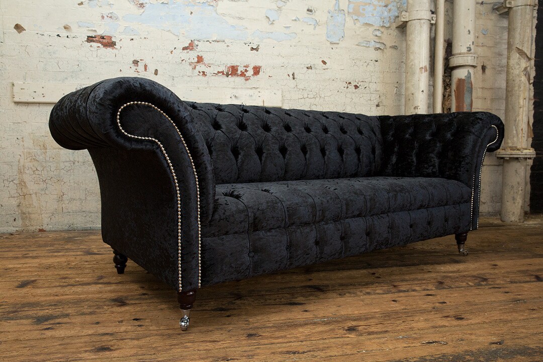 Handmade 3 Seater Black Crushed Velvet Fabric Chesterfield Sofa Etsy