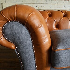 British Handmade Vintage Tan Leather & Grey Wool 3 Seater Chesterfield ...