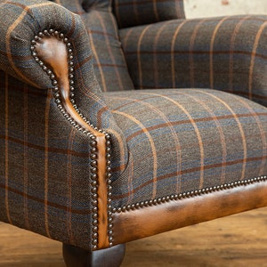 British Handmade Tan Brown Herringbone Tweed with Antique Tan Leather High Back Wing Chair image 4