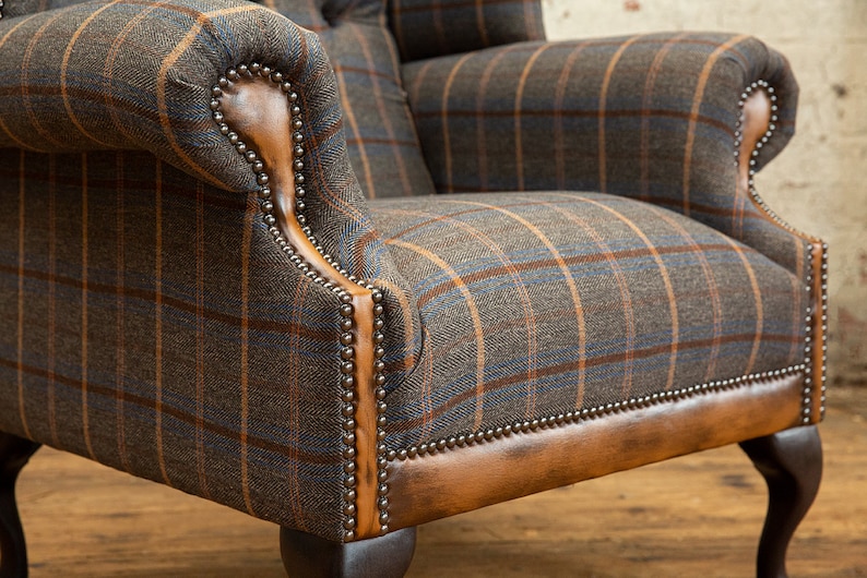 British Handmade Tan Brown Herringbone Tweed with Antique Tan Leather High Back Wing Chair image 4