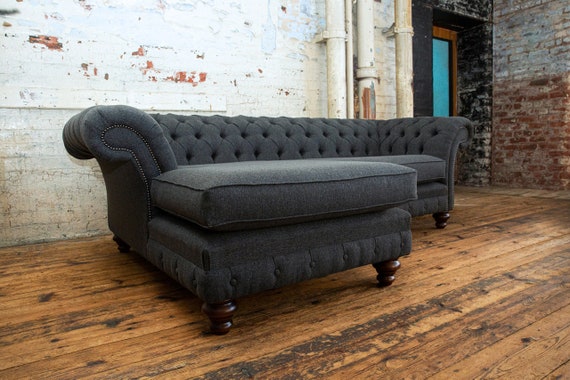4 Seater Dark Grey Herringbone Wool Chesterfield Chaise End Corner