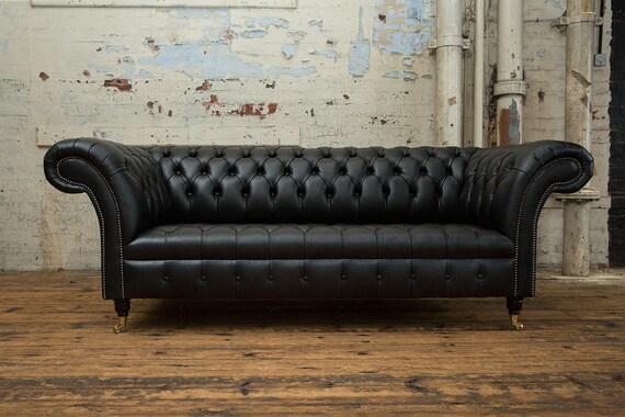 3 Seater Vintage Black Leather Chesterfield Sofa Couch Settee
