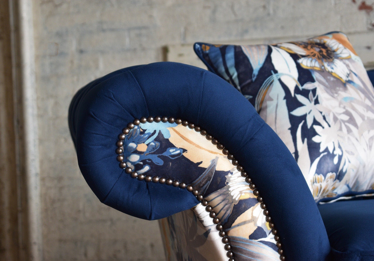 Handmade 3 Seater Navy Blue Velvet Fabric Chesterfield Sofa ...