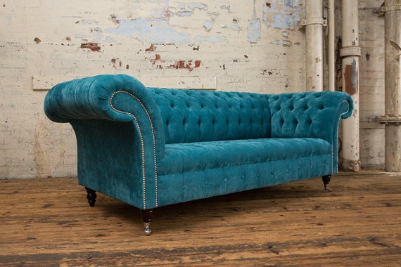 British Handmade 3 Seater Aqua Blue Textured Velvet Chesterfield