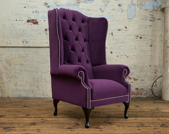 Purple Velvet Chesterfield Wing Chair |  British Handmade