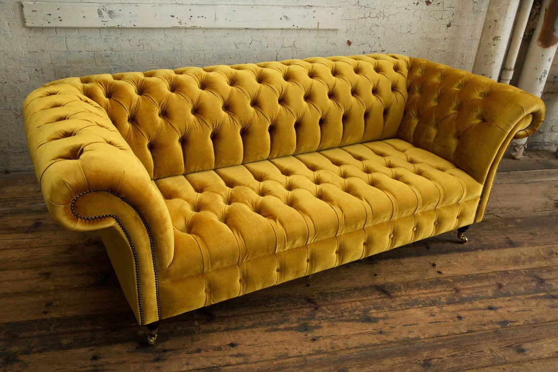 3 Seater Mustard Gold Velvet Fabric Chesterfield Sofa, British Handmade ...