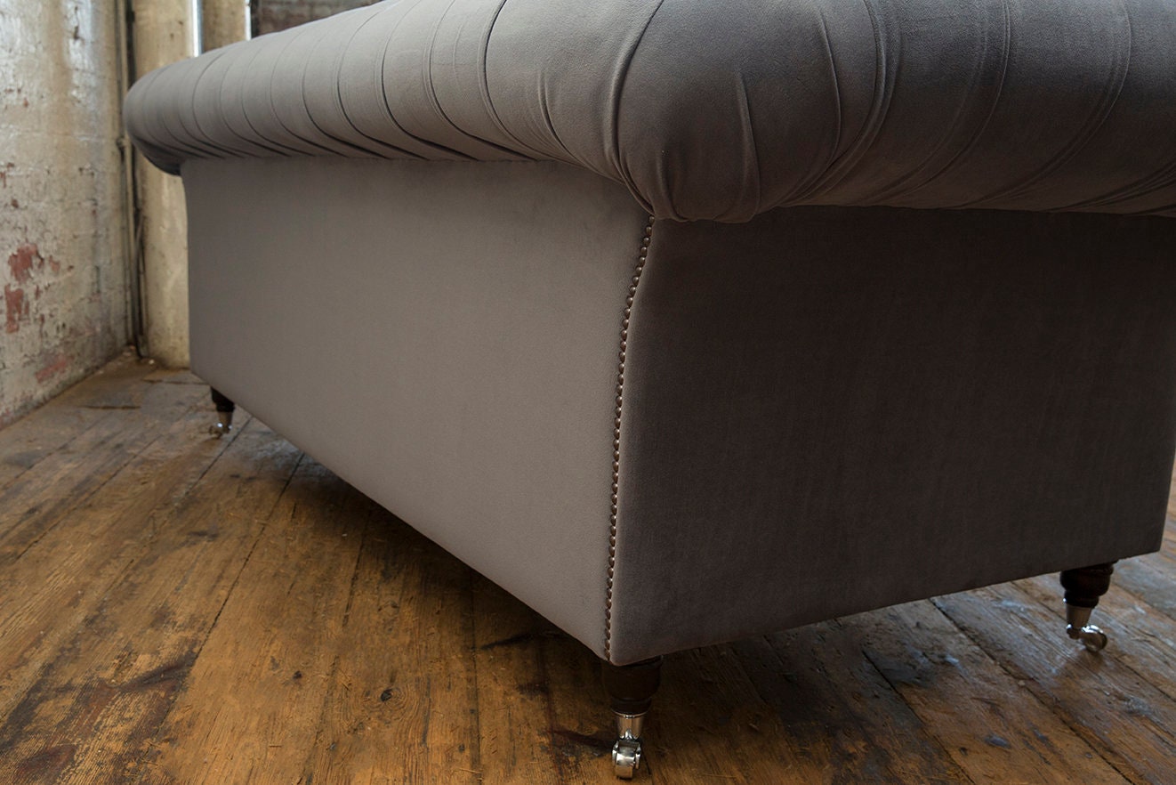 British Handmade 3 Seater Platinum Grey Velvet Fabric Chesterfield Sofa ...