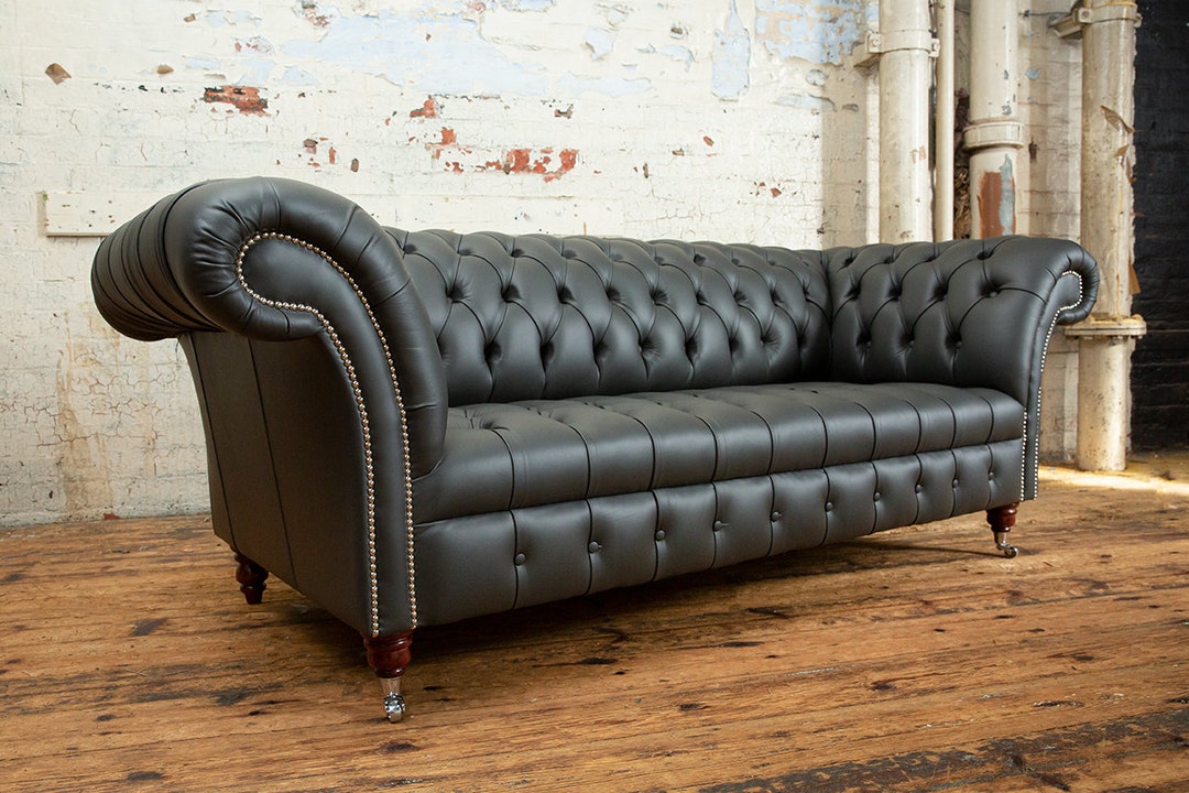 British Handmade 3 Seater Grey Steel Leather Chesterfield Sofa - Etsy UK