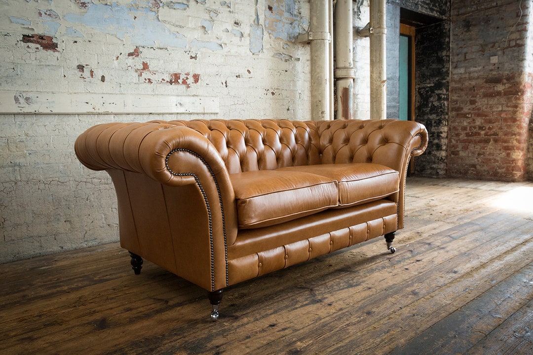 2 Seater Vintage Tan Leather Chesterfield Sofa, British Handmade - Etsy UK