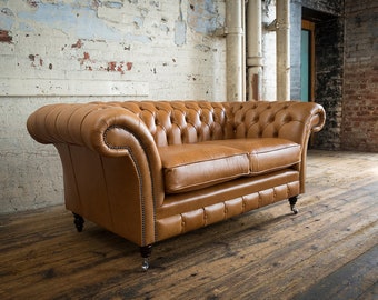 2 Seater Vintage Tan Leather Chesterfield Sofa, British Handmade
