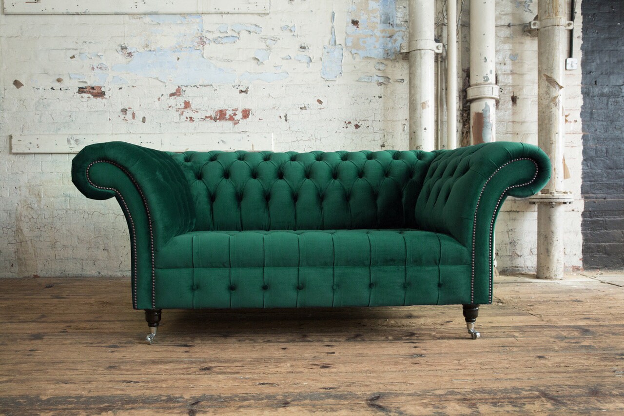 Handmade 2 Seater Emerald Green Velvet Fabric Chesterfield Sofa