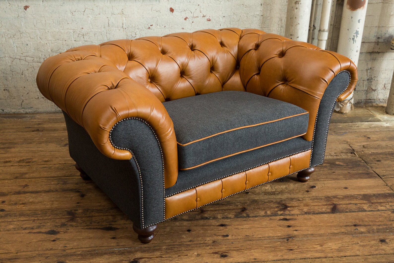 1.5 Seater Vintage Tan Leather Chesterfield Snuggle Armchair, Dark Grey ...