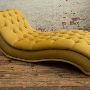 Mustard Velvet Fabric Chesterfield Chaise Lounge Chair, British Handmade