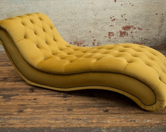 Mustard Velvet Fabric Chesterfield Chaise Lounge Chair, British Handmade