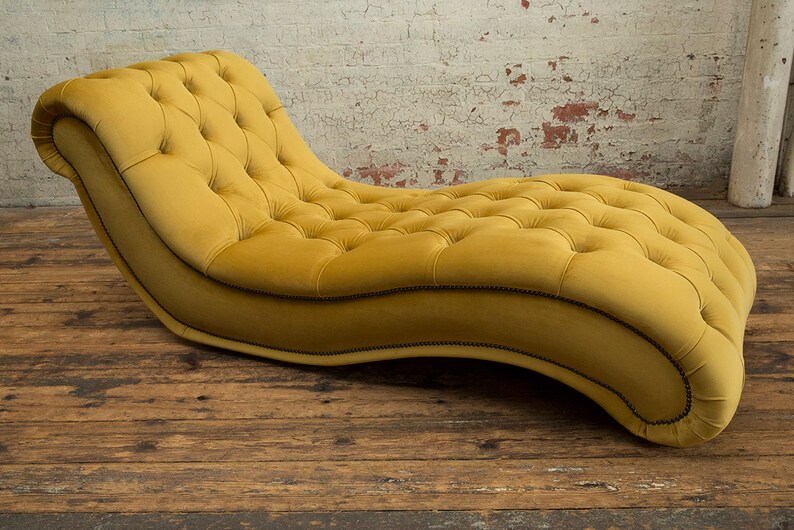 Mustard Velvet Fabric Chesterfield Chaise Lounge Chair, British Handmade image 1