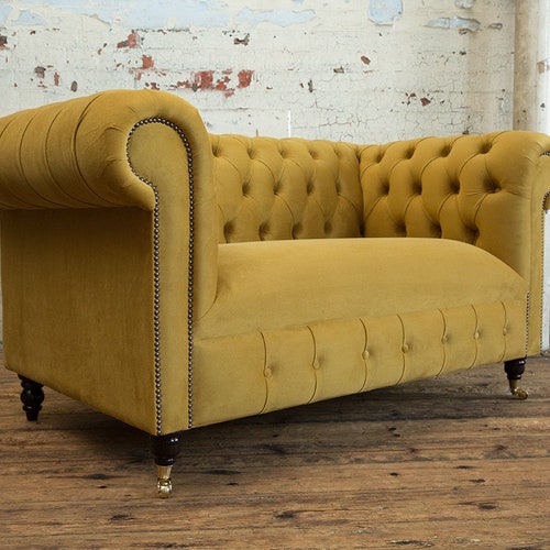 Handmade Low 2 Seater Mustard Velvet Fabric Chesterfield Sofa Etsy UK