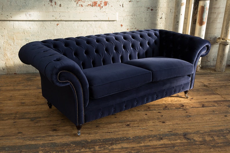 British Handmade 3 Seater Navy Blue Velvet Fabric Chesterfield British Handmade 3 Seater Navy Blue, How To Get Ink Out Of Velvet Sofa
