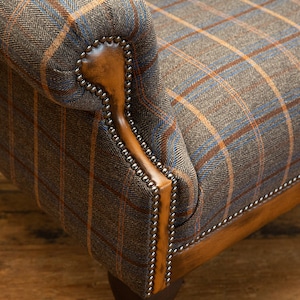 British Handmade Tan Brown Herringbone Tweed with Antique Tan Leather High Back Wing Chair image 5