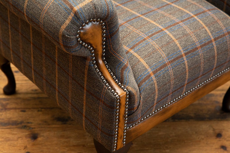 British Handmade Tan Brown Herringbone Tweed with Antique Tan Leather High Back Wing Chair image 5