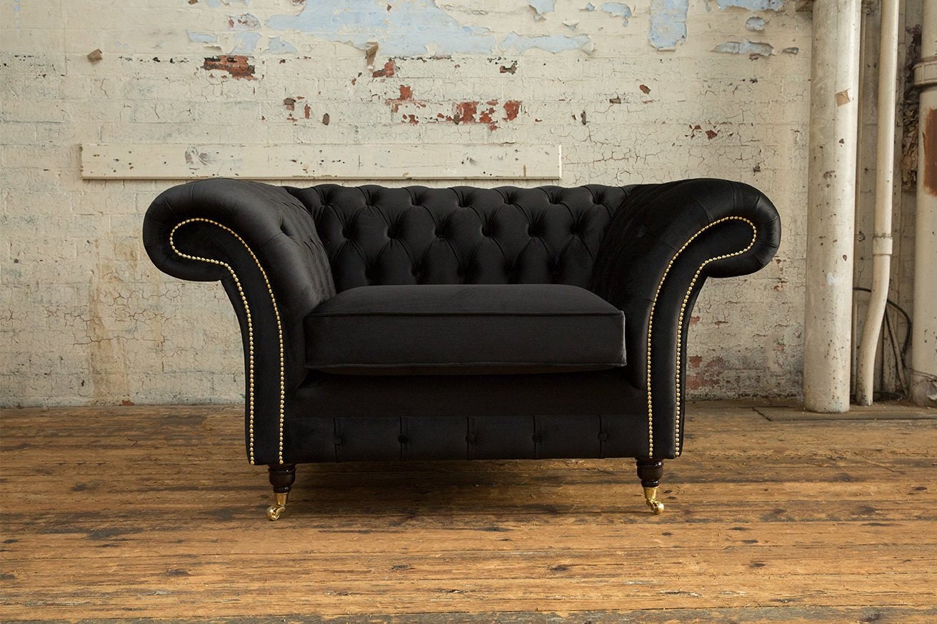 Black Velvet Chesterfield Snuggle Chair British Handmade Etsy UK