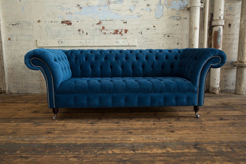 3 Seater Teal Blue Velvet Chesterfield Sofa, British Handmade - Etsy UK
