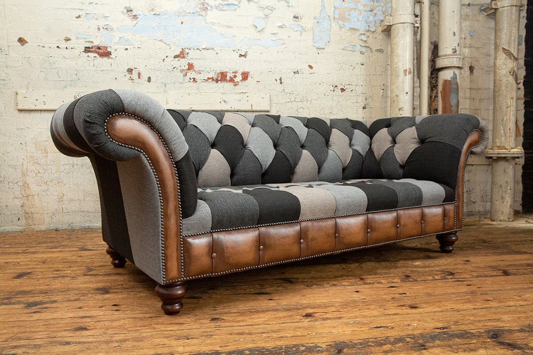 3 Seater Grey Wool Patchwork Chesterfield Sofa, Antique Tan Leather ...