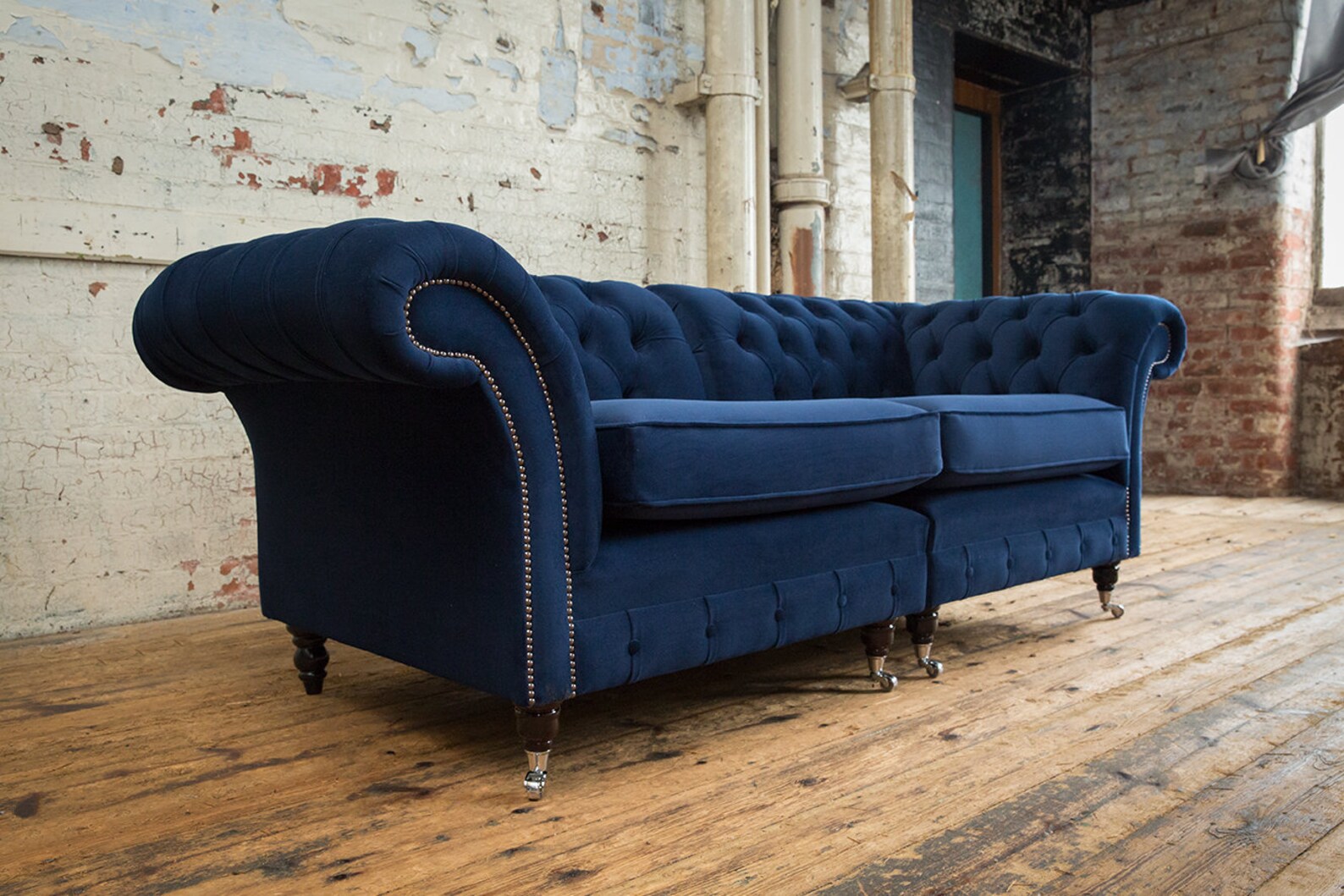 British Handmade 3 Seater Navy Blue Velvet Chesterfield Sofa - Split ...