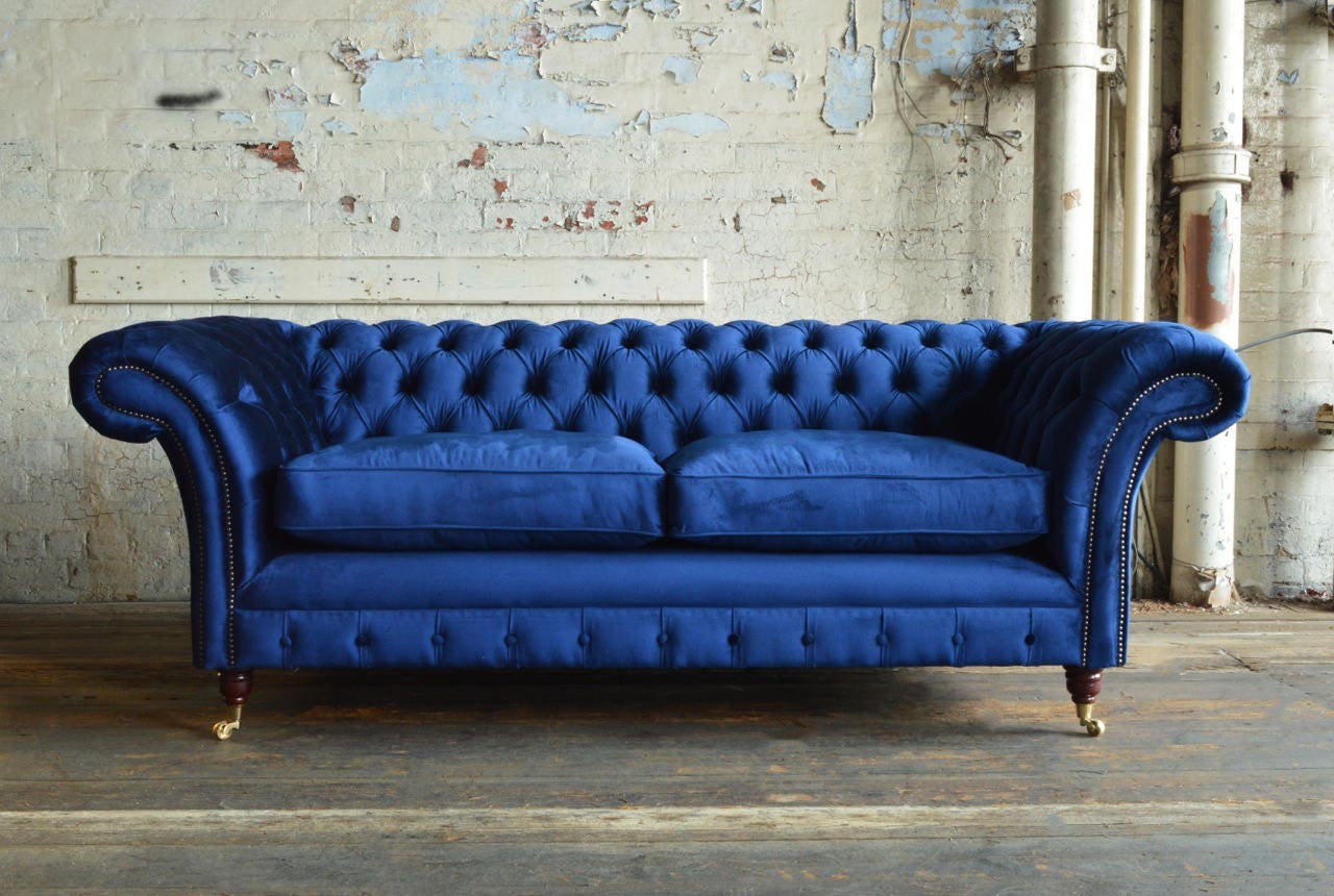 Británico hecho a mano 3 plazas azul marino Chesterfield sofá - Etsy España