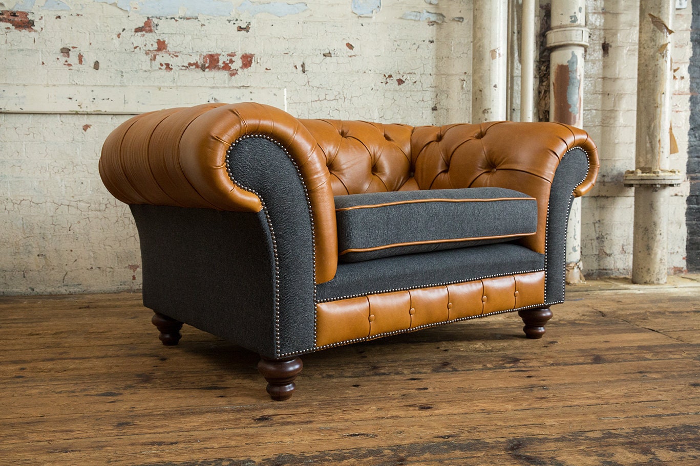1.5 Seater Vintage Tan Leather Chesterfield Snuggle Armchair, Dark Grey ...