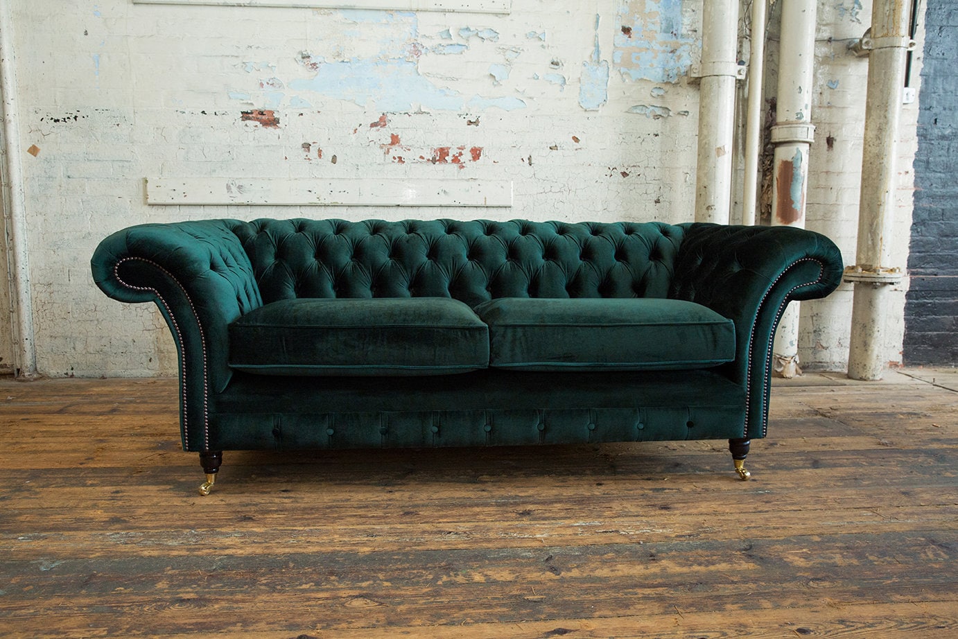 British Handmade 3 Seater Dark Emerald Green Velvet Chesterfield