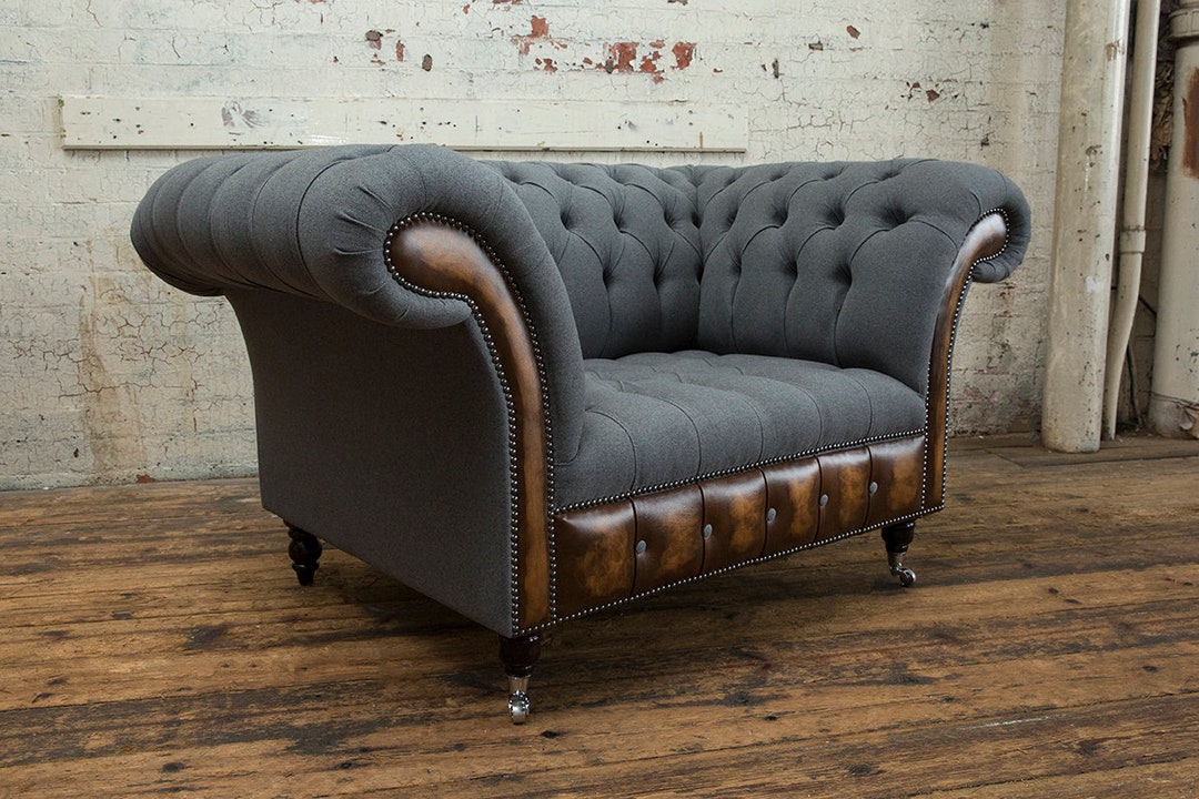 Handmade Dark Grey Herringbone Wool Chesterfield Snuggle Armchair ...