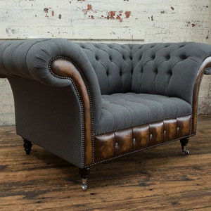 Handmade Dark Grey Herringbone Wool Chesterfield Snuggle Armchair ...