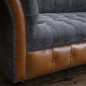 Handmade Large 3 Seater Slate Grey Velvet & Tan Brown Leather ...