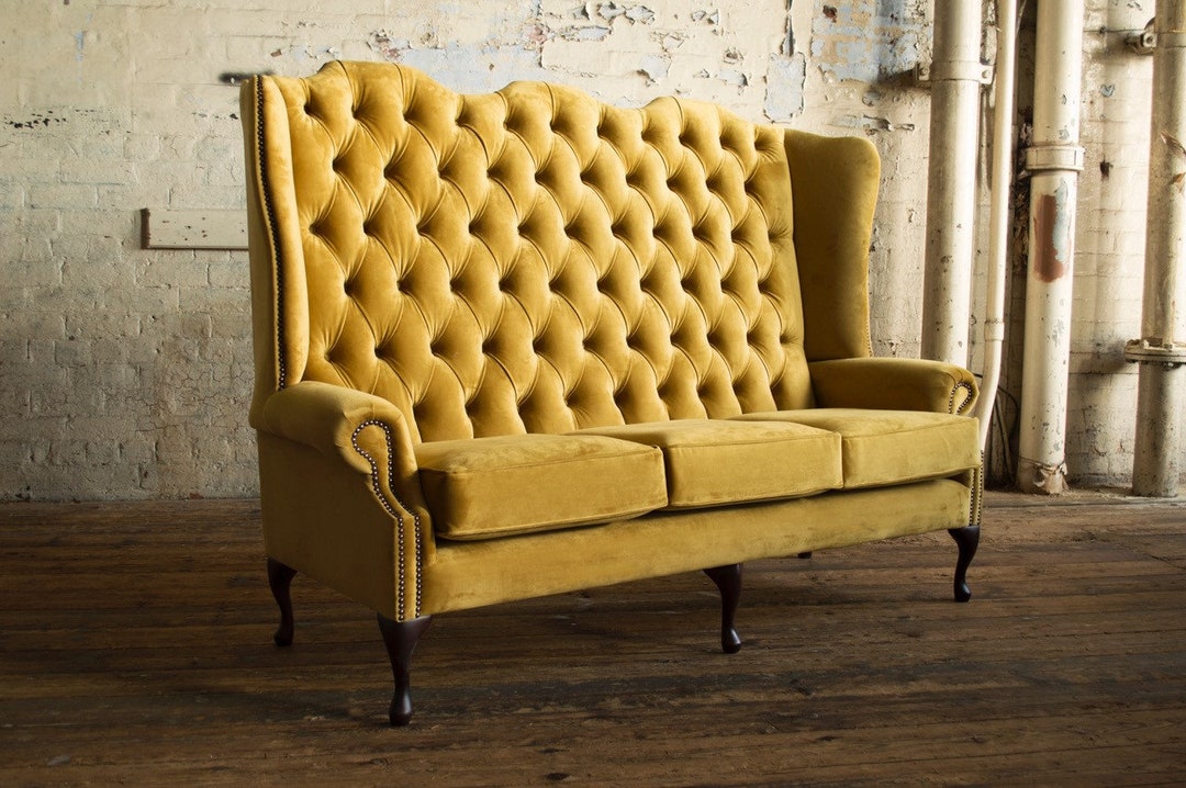 British Handmade Mustard Velvet 3 Seater High Back Chesterfield Sofa ...