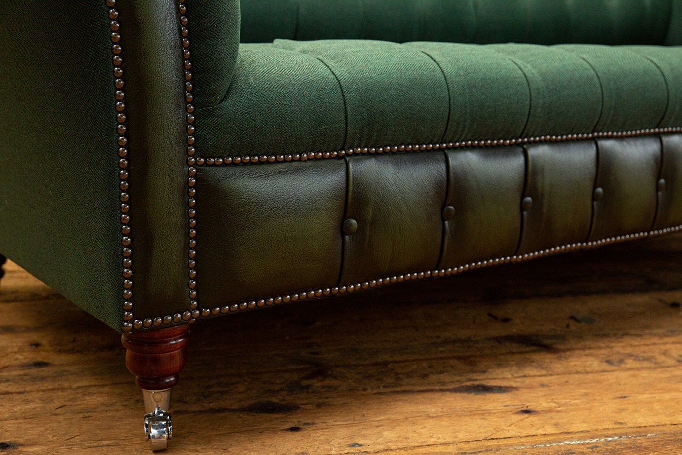 Handmade Emerald Green Herringbone Wool With Antique Green Leather
